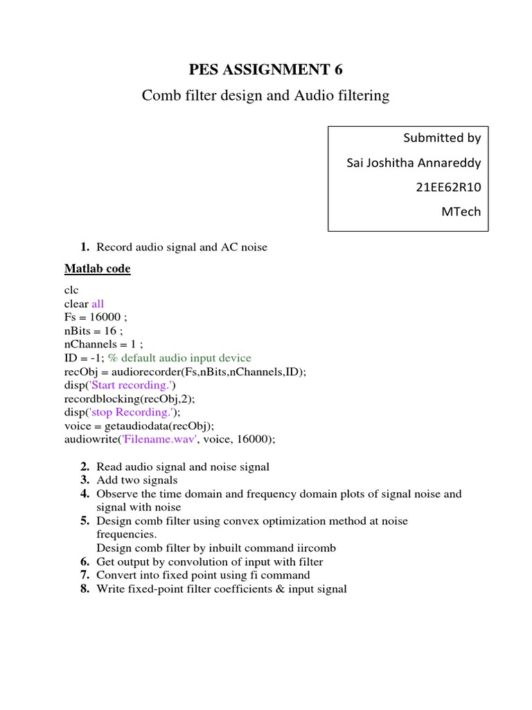Comb Filter Design and Audio Filtering PDF Filter (Signal