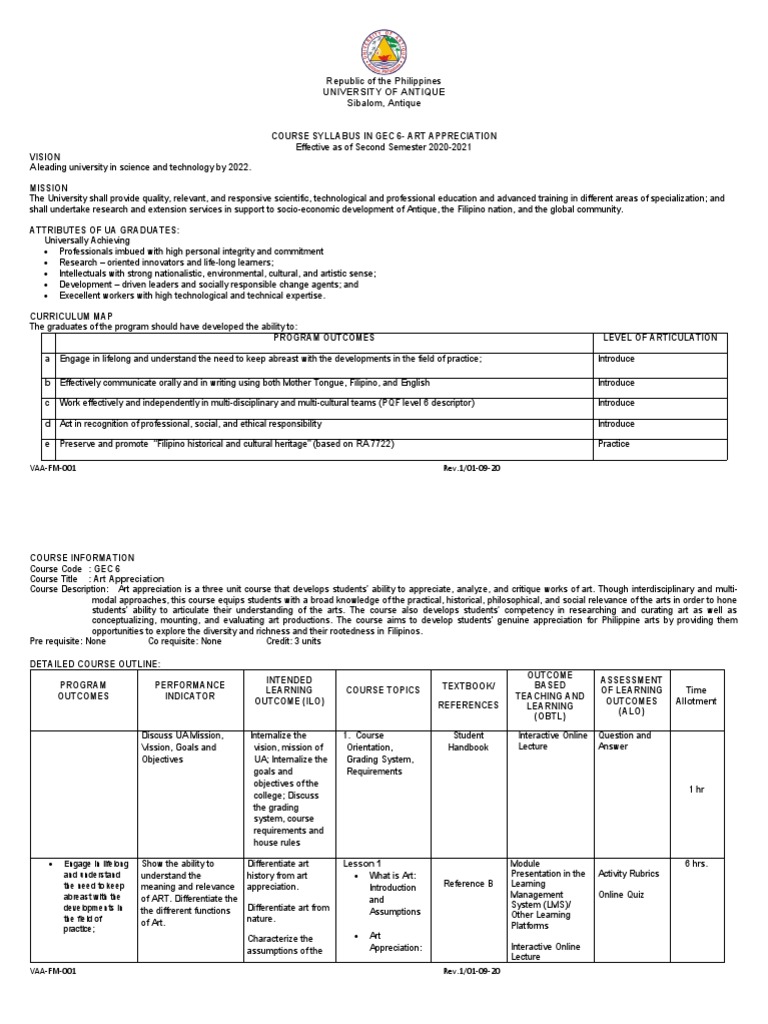 Ua course syllabus in art appreciation pdf learning the arts