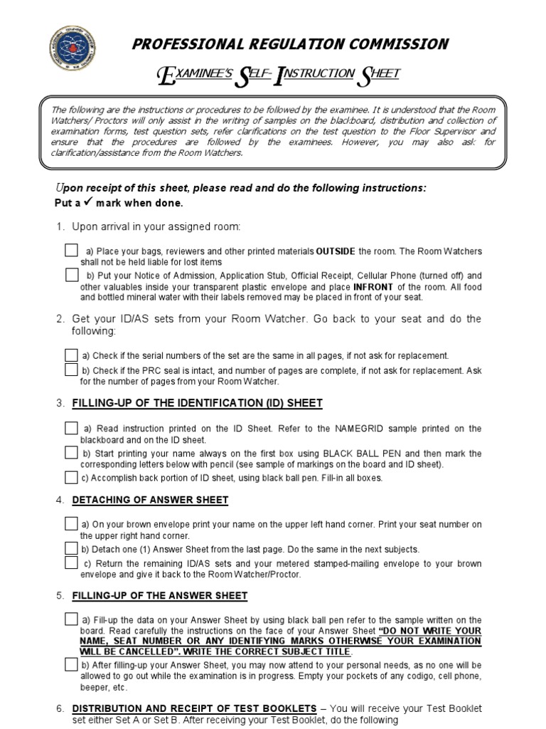 Examinee Self Instruction Sheet | PDF