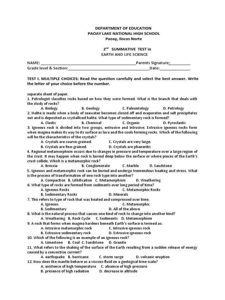 Earth and life science test explained pdf rock geology igneous rock