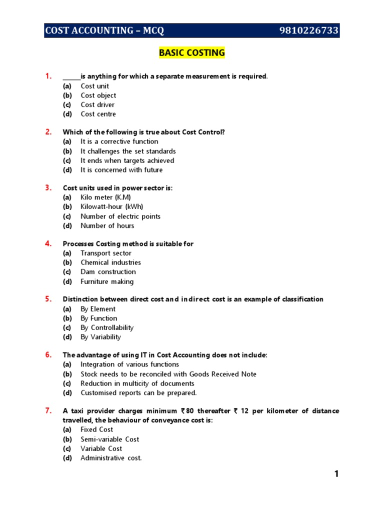 Cost Accounting MCQs and Answers | PDF | Cost Accounting | Cost Of ...
