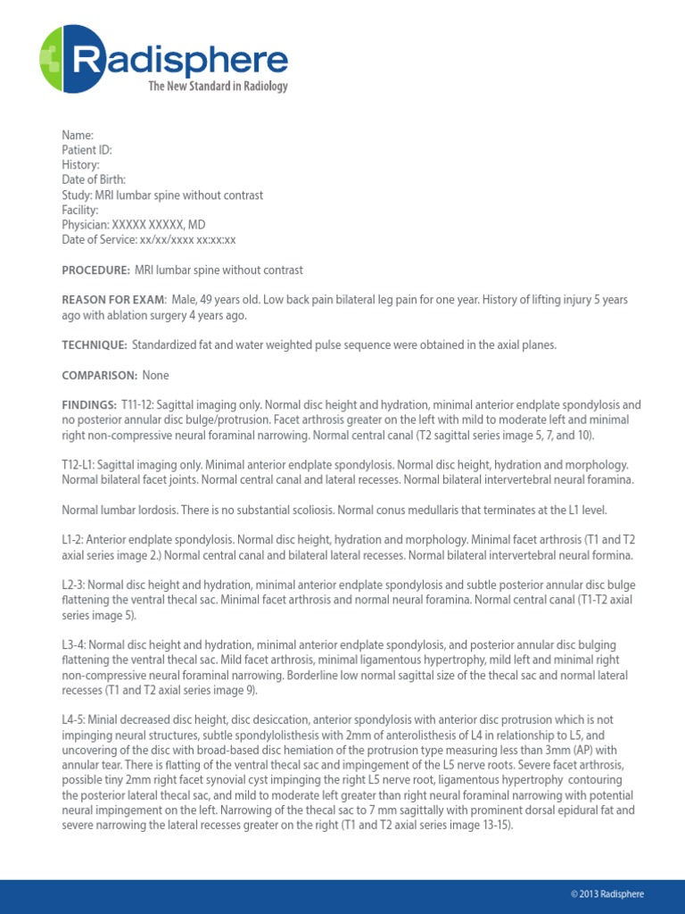 MRI Lumbar Spine Without Contrast PDF Vertebral Column Vertebra