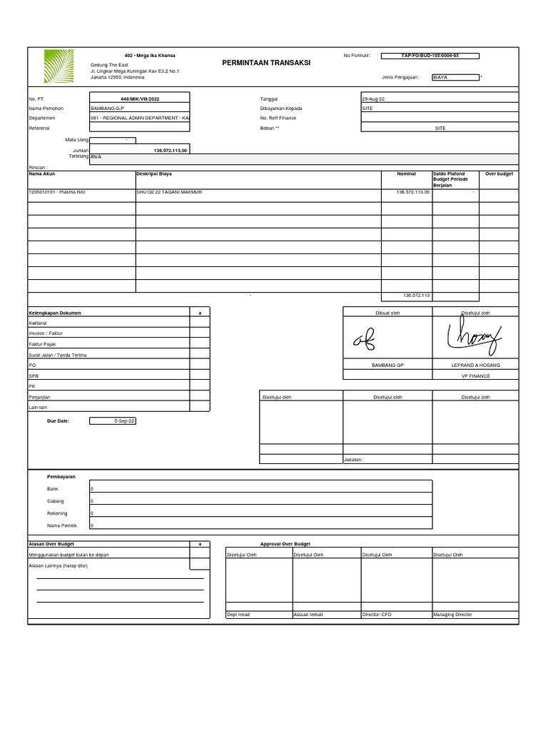 Permintaan Biaya PT Tagani Makmur | PDF
