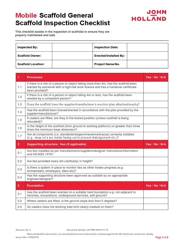 Mobile Scaffold Inspection Checklist | PDF | Scaffolding