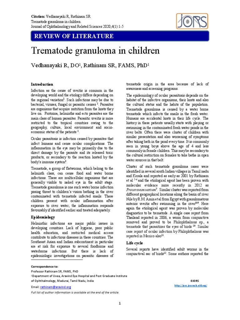 Trematode Granuloma in Children - JORS - Rathinam SR | PDF | Infection ...