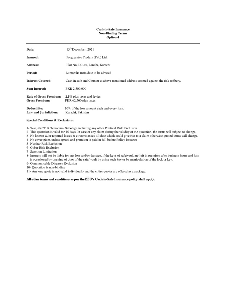 Cash-in-Safe Insurance Quotation Details | PDF | Insurance | Deductible