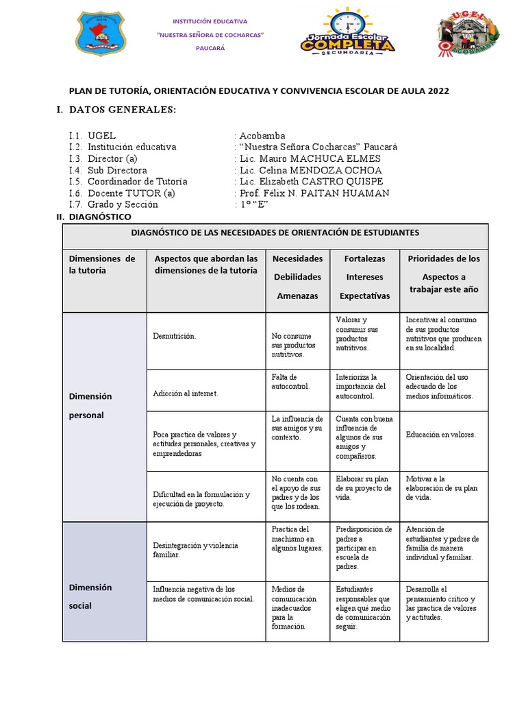 Plan de Tutoría 2022 en Cocharcas | PDF | Las emociones | La sexualidad ...