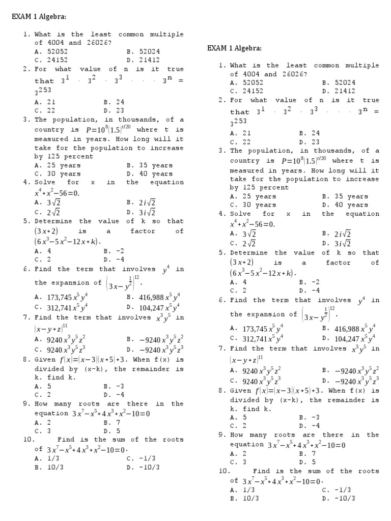 Algebra 1 Exam | PDF | Algebra | Mathematics