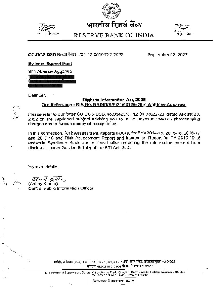 Syndicate Bank Risk Assessment and Inspection Reports Shared by RBI