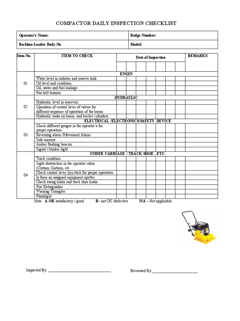 Compactor Daily Inspection Checklist PDF