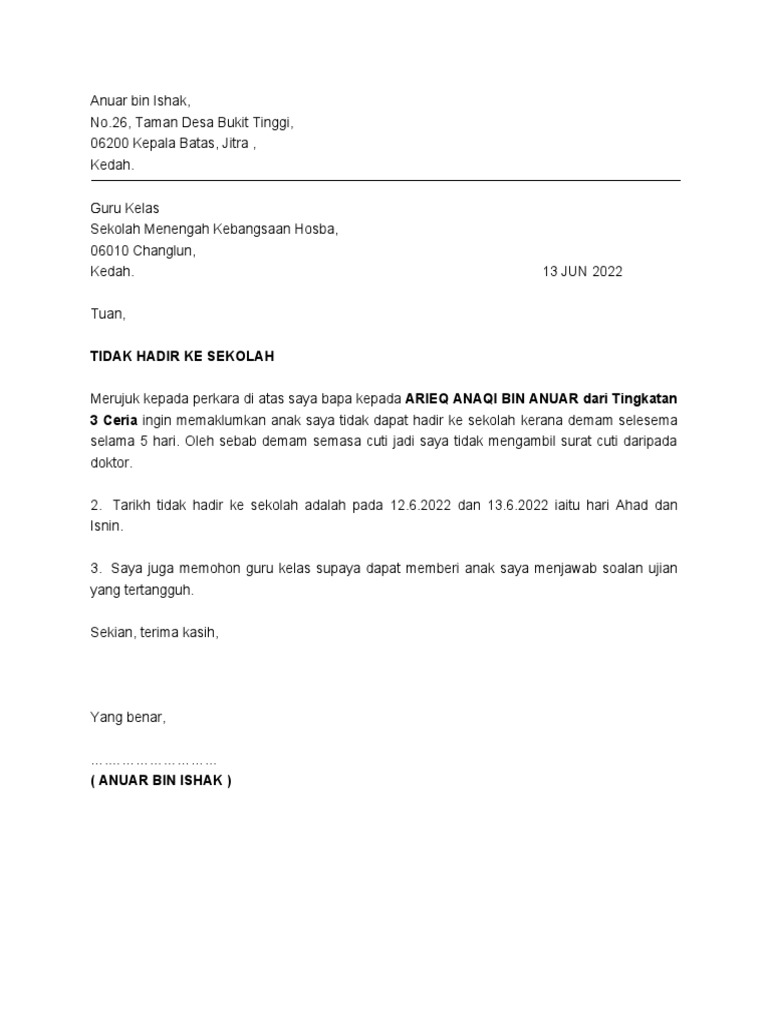 Surat Tidak Hadir Sekolah | PDF
