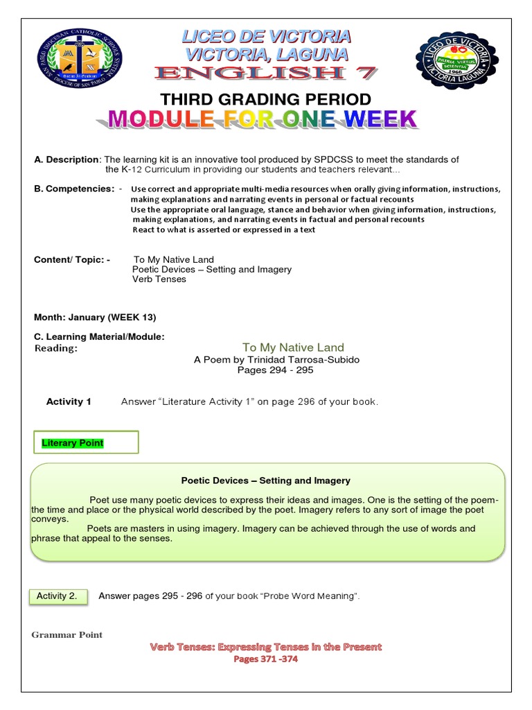 K-12 Learning Kit: Third Grading Period | PDF | Poetry | Verb
