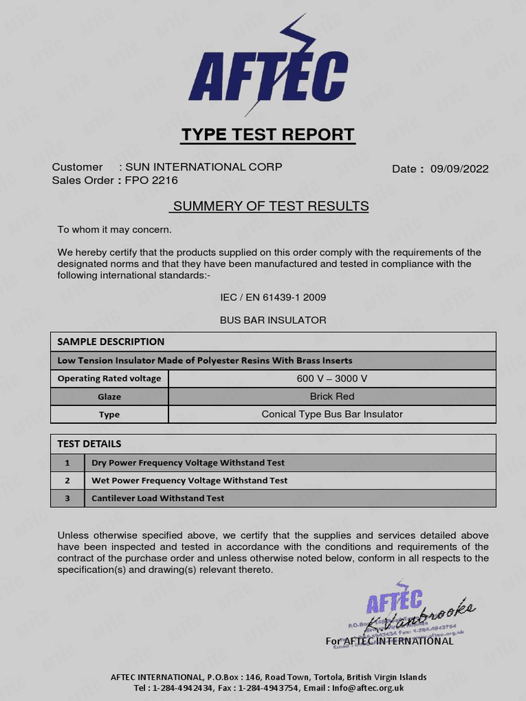 Test Report Conical Bus Bar Insulator | PDF | Insulator (Electricity ...
