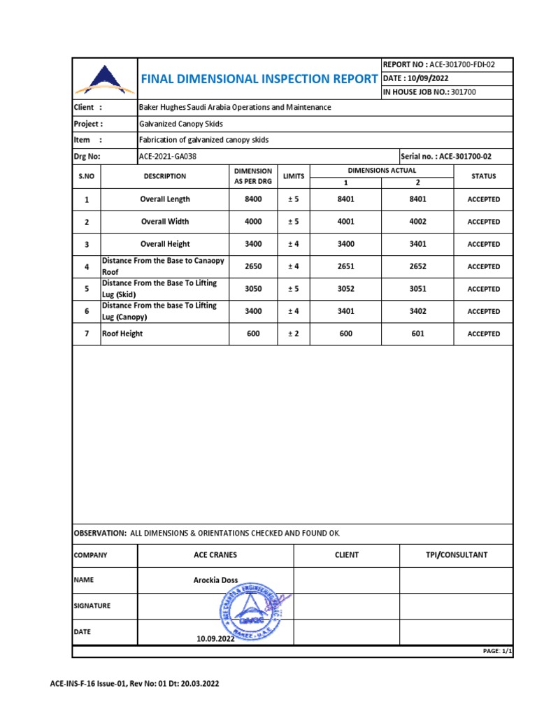 Dimensional Inspection Report for Skids | PDF | Metrology