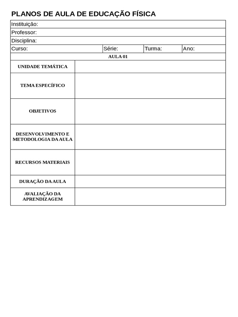 Modelo Plano de Aula Educação Física | PDF