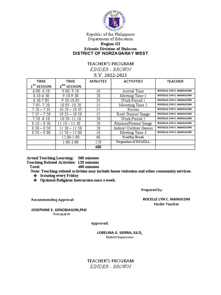 Kinder teacher program schedule pdf schools social institutions