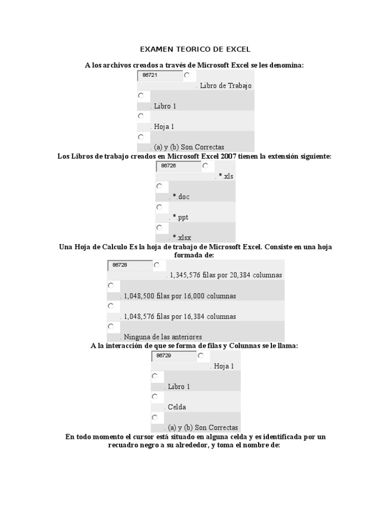 Examen Teórico de Excel Básico | PDF | Hoja de cálculo | Microsoft Excel
