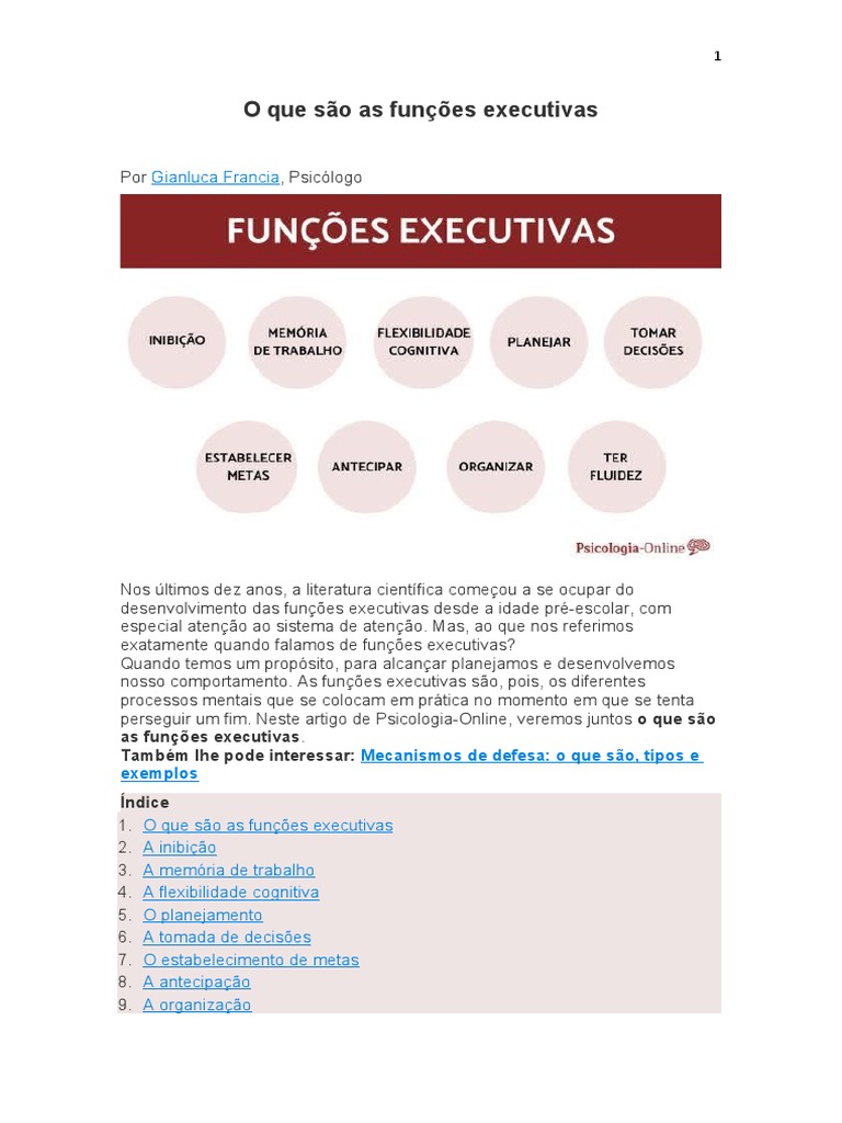 Funções Executivas: Definição e Exemplos | PDF | Cognição | Comportamento