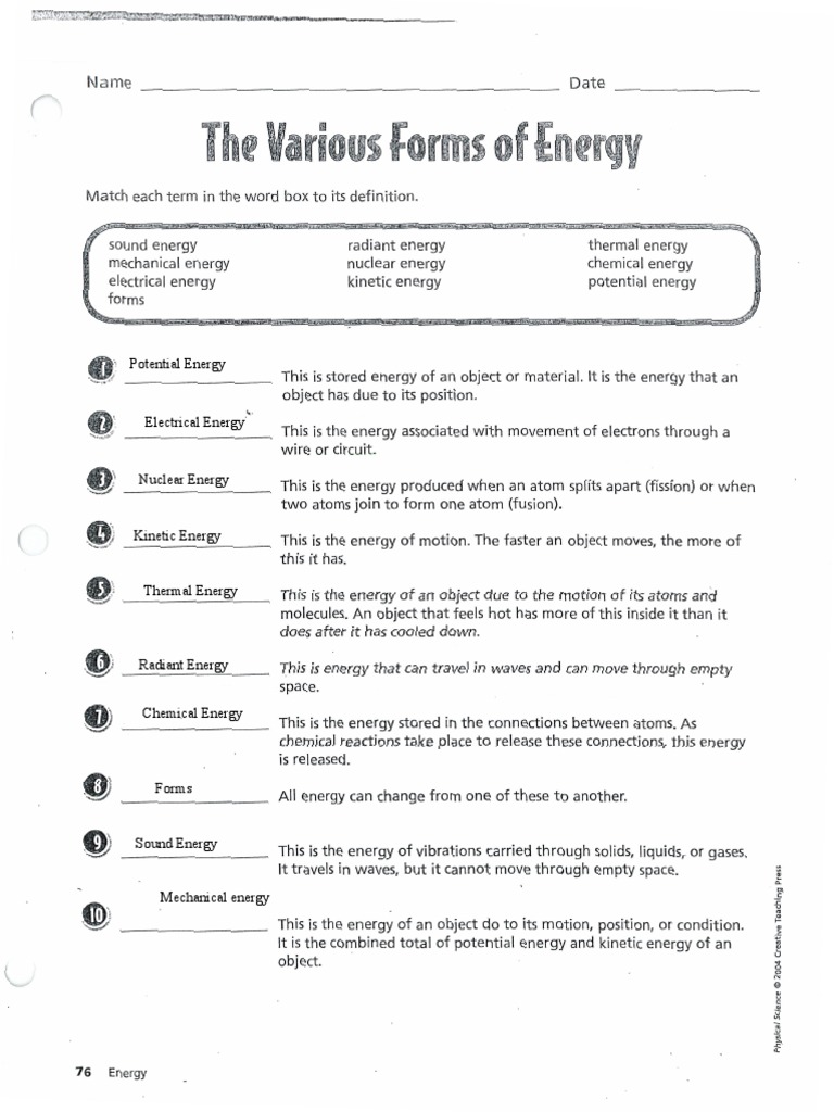 Various Forms of Energy PDF Atoms Chemistry