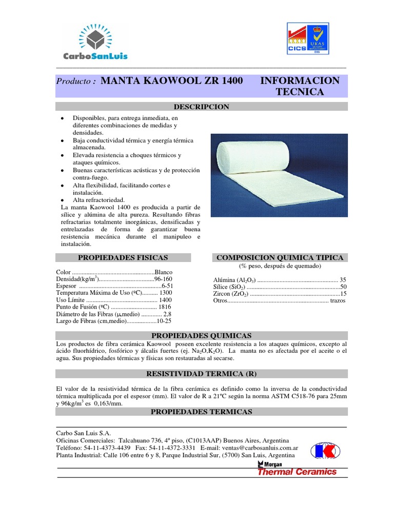 Manta Kaowool ZR 1400: Propiedades y Usos | PDF | Química | Propiedades ...