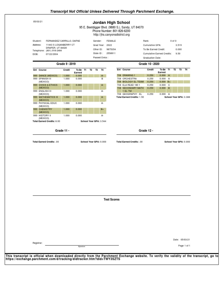 Transcript Not Official Unless Delivered Through Parchment Exchange