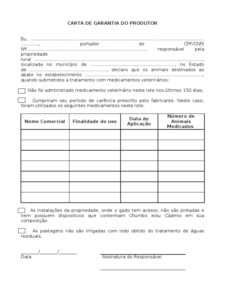 Carta de Garantia Do Produtor