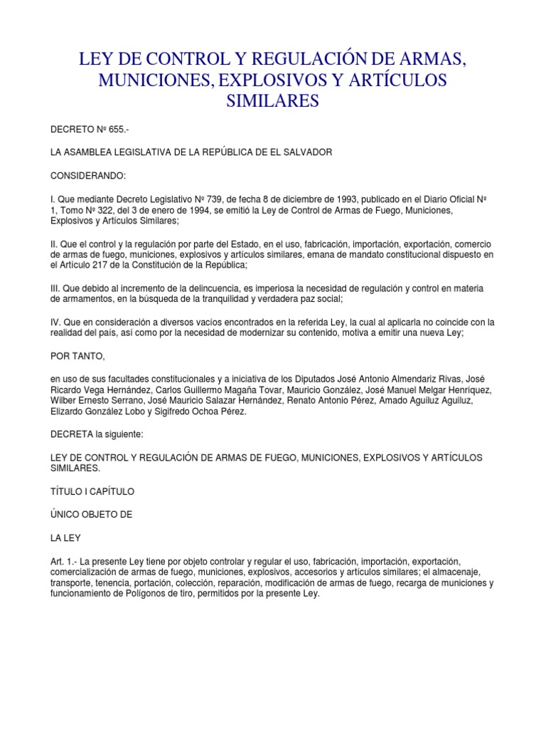 Ley de Control y Regulacion de Armas Municiones Explosivos y Articulos Similares PDF Armas