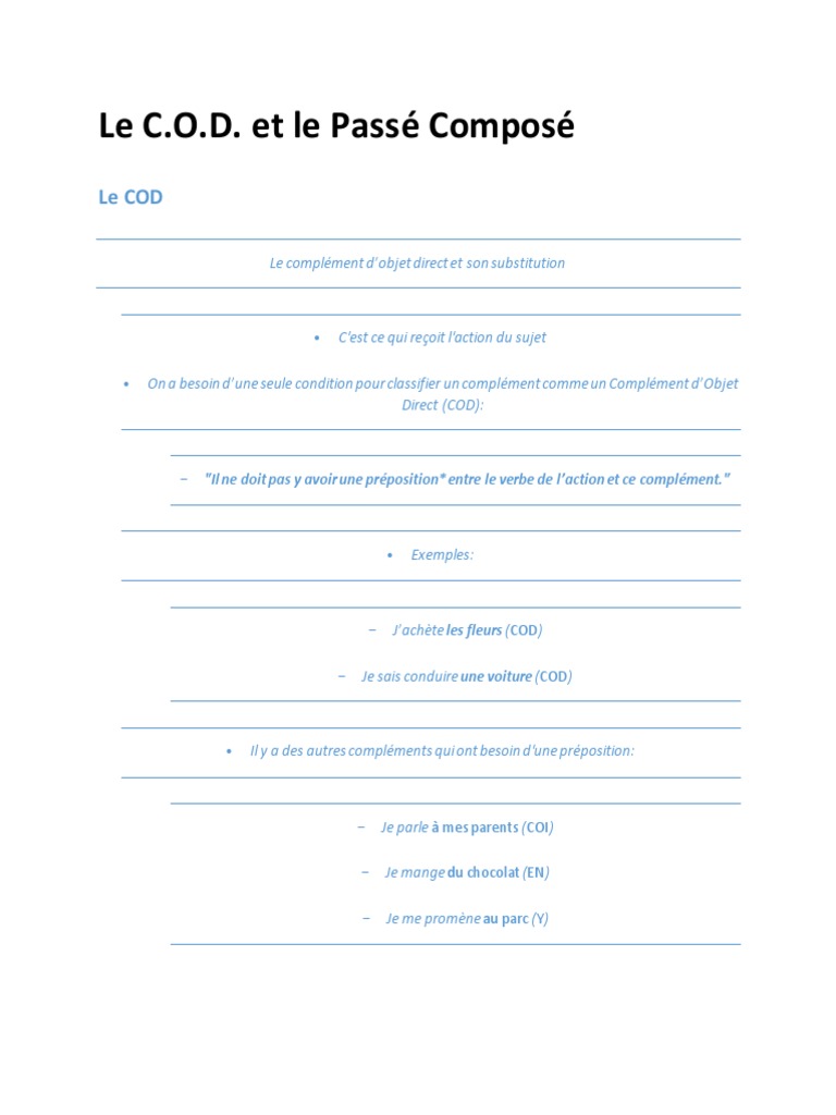 Le COD et le Passé Composé | PDF | Complément d'objet | Sujet (Grammaire)