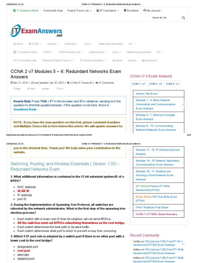 CCNA 2 v7 Modules 5 6 Redundant Networks Exam Answers PDF Network Switch