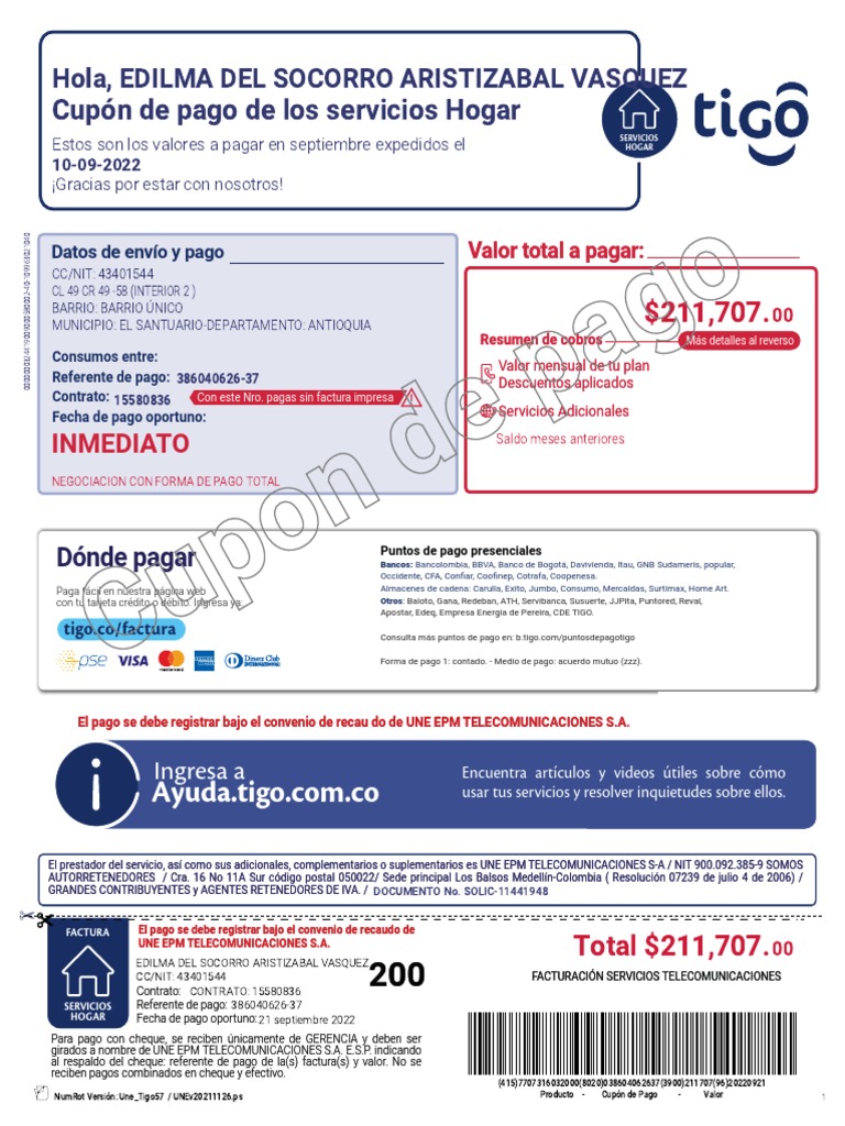 .UNE EPM Telecomunicaciones S.A. E.S.P., Noviembre 2021 | PDF | Factura ...