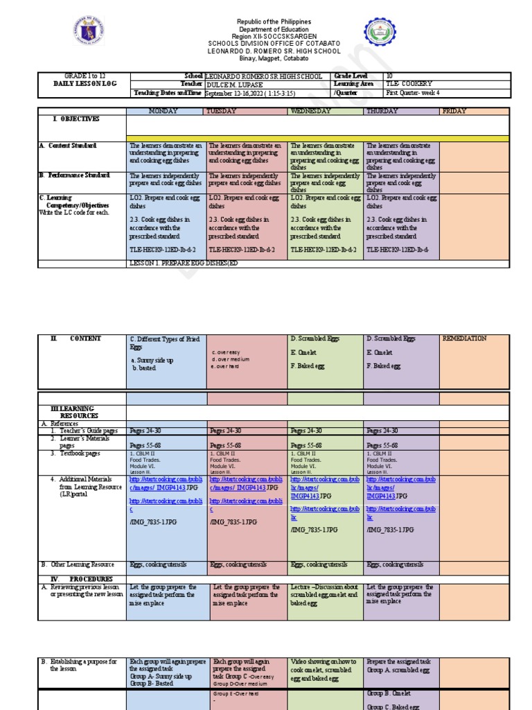 Grade 10 TLE Cookery Lesson Plan | PDF | Egg As Food | Rubric (Academic)