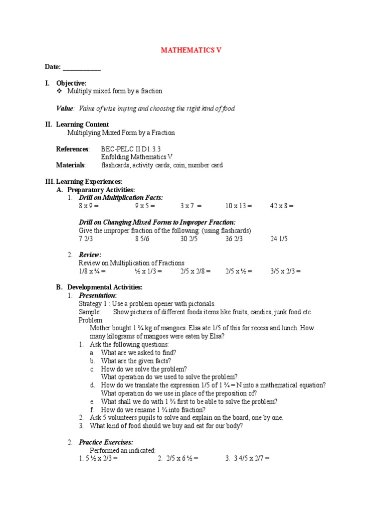 Leong Lesson Plan Pdf Multiplication Mathematics