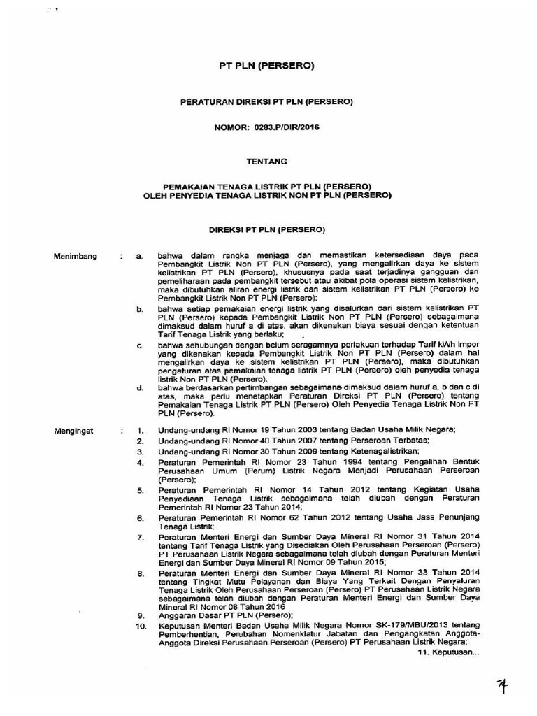 Perdir 0283pdir2016 Pemakaian Tenaga Listrik PLN Oleh Penyedia Tenaga ...