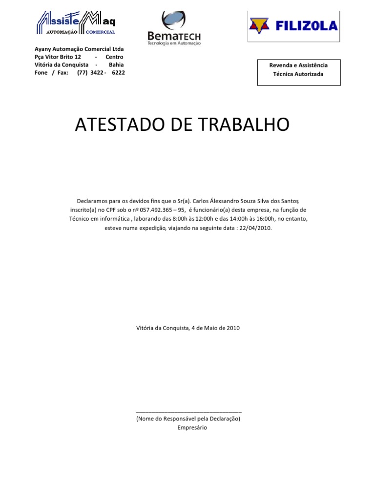 Modelos de Atestados de Trabalho | PDF