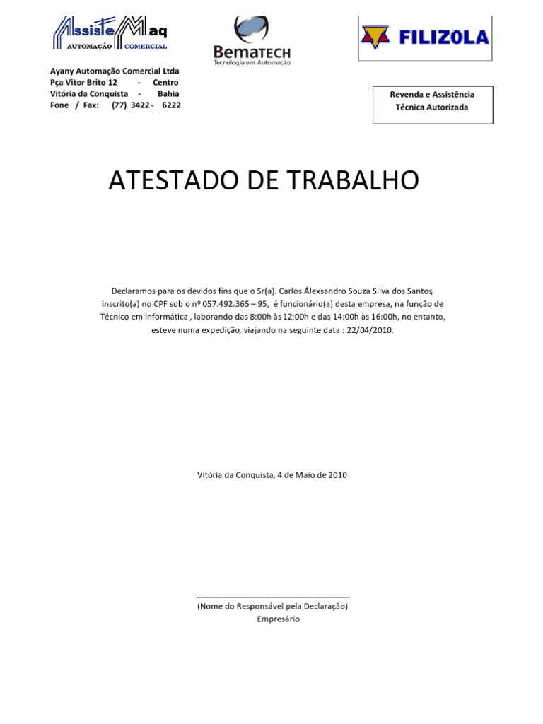 ATESTADO DE TRABALHO