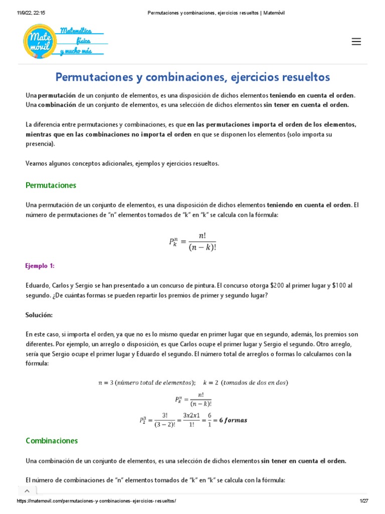 Permutaciones y Combinaciones, Ejercicios Resueltos - Matemóvil | PDF ...