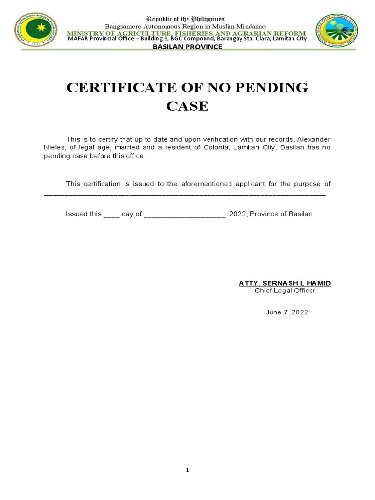 Certificate of No Pending Case - Basilan | PDF