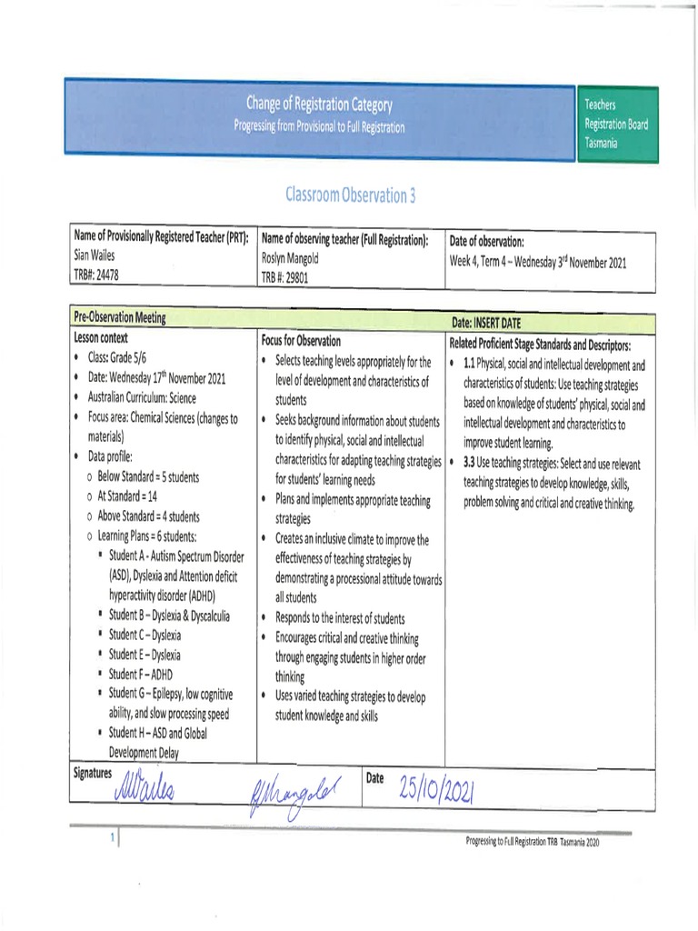 Classroom Observation Template TRB Sian Wailes Observation 3 New PDF