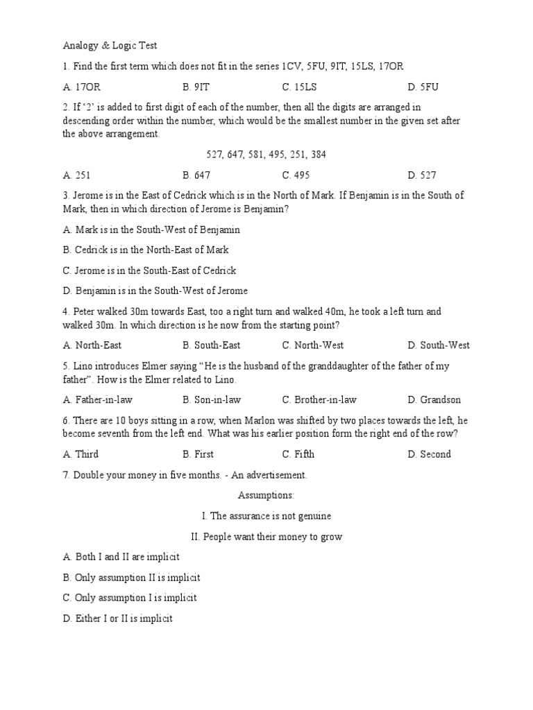 Analogy and logic test pdf