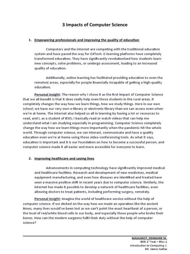3 Impacts of Computer Science | Download Free PDF | Educational ...