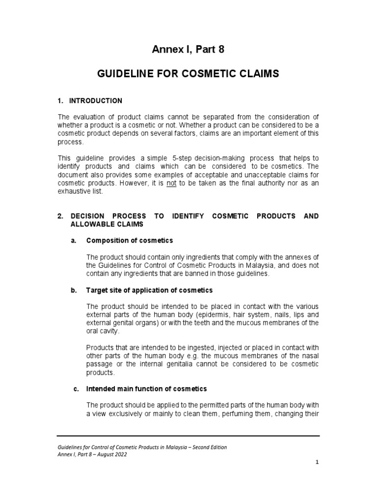 Annex I Part 8 Guideline For Cosmetic Claims PDF Cosmetics Sunscreen