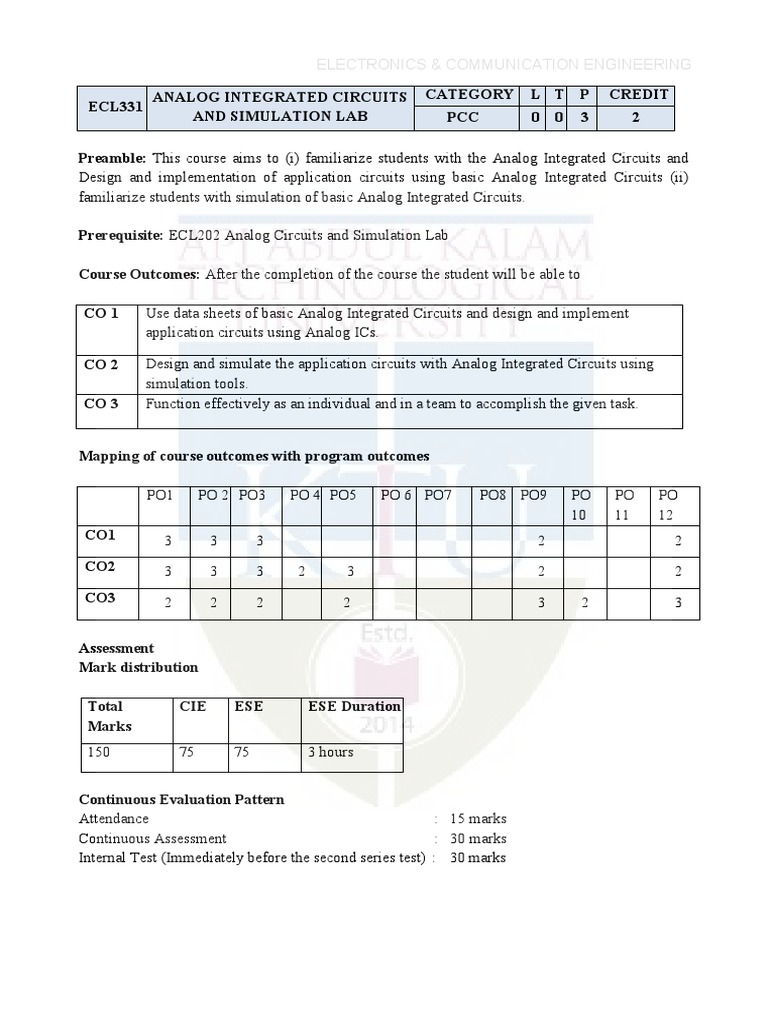 Analog Integrated Circuits Lab Syllabus PDF Operational Amplifier
