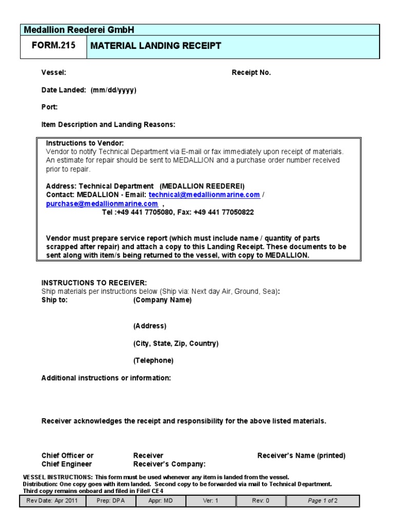 Medallion Reederei Material Landing Receipt | PDF