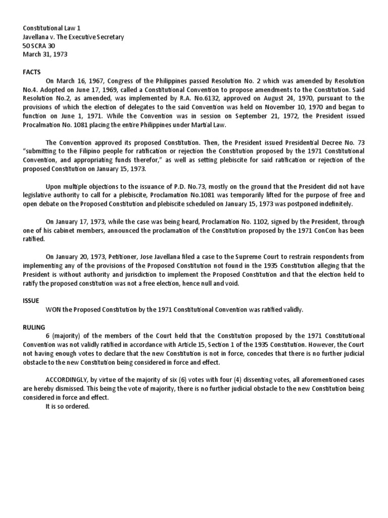 Javellana VExecutive Secretary PDF Ratification American Government