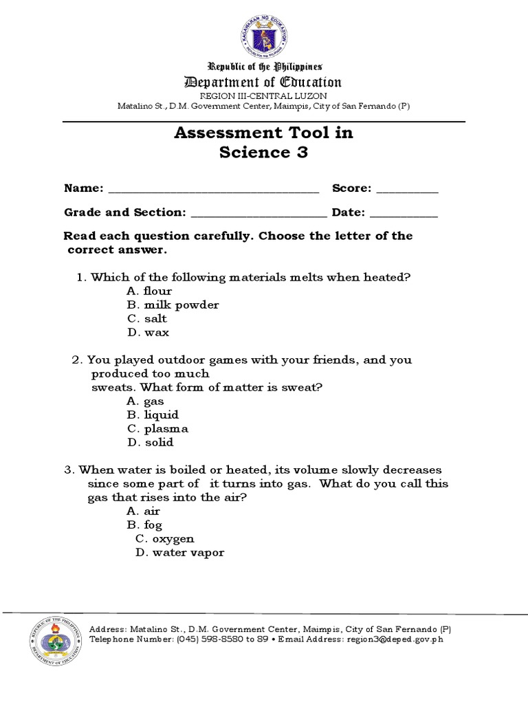 Grade 3 Science Assessment Tool | PDF | Water | Weather