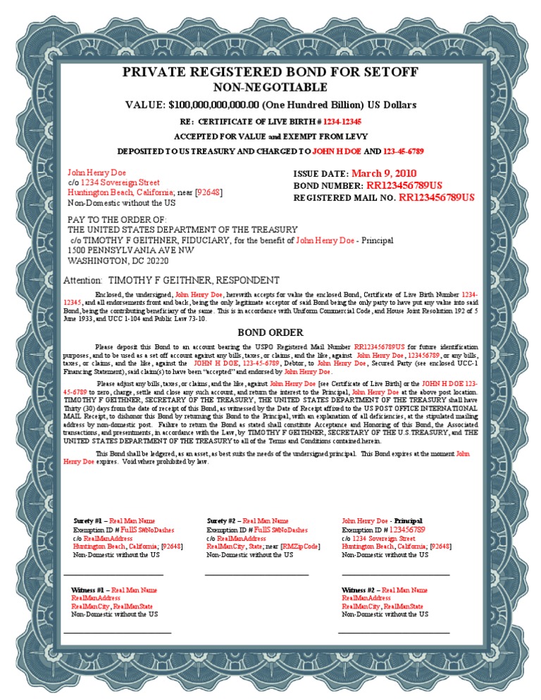 Birth Certificate Bond Uniform Commercial Code Bonds (Finance)