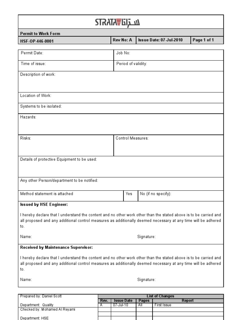 Permit to Work Form Template | PDF | Law | Technology & Engineering