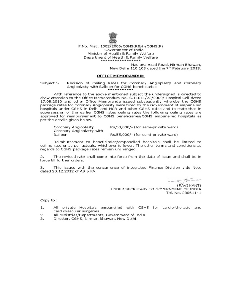 CGHS Ceiling Rates for Cardiac Procedures | PDF | New Delhi | Medical ...