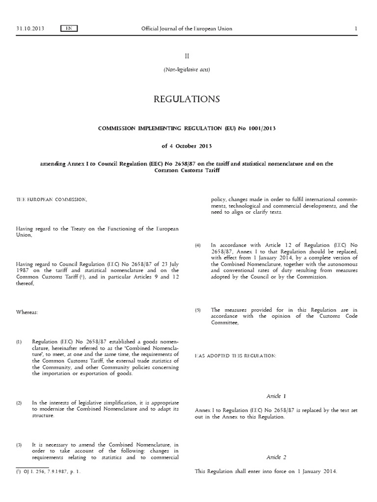 REG 1001 2013 HS Codes PDF Textiles European Union
