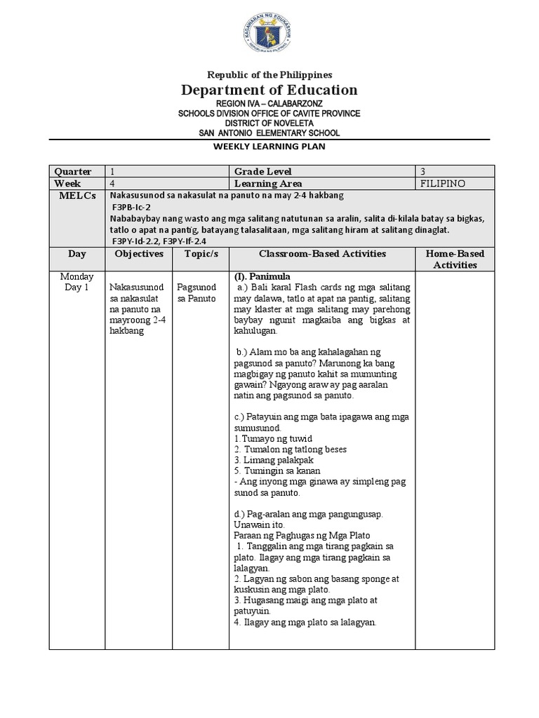 Department of Education: Weekly Learning Plan Quarter Grade Level Week ...
